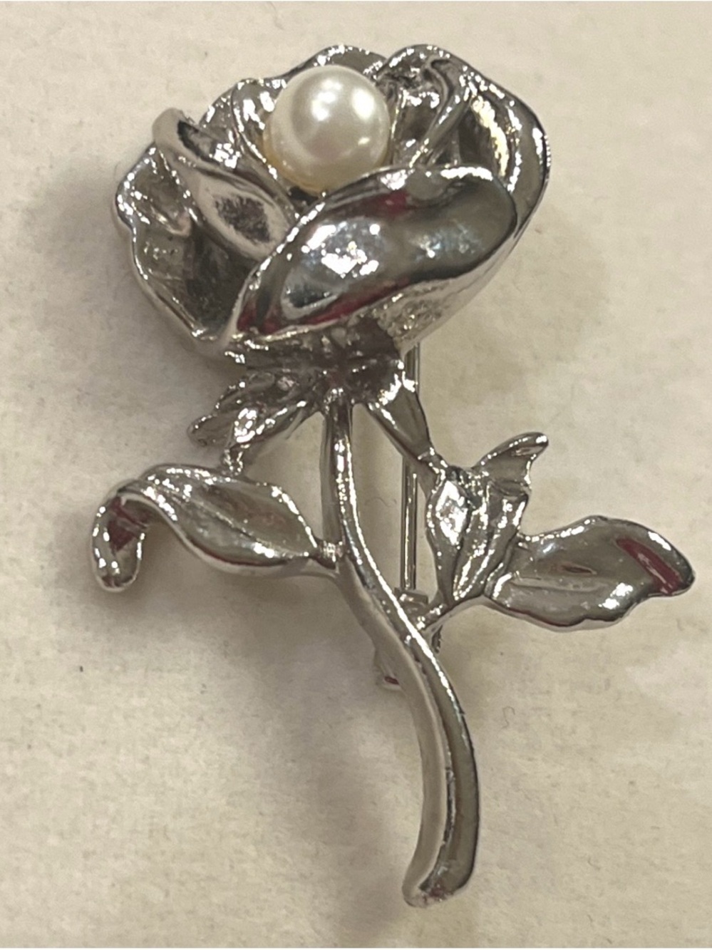 Silver Tone  Rose Brooch with Pearl Accent - Women's Jewelry